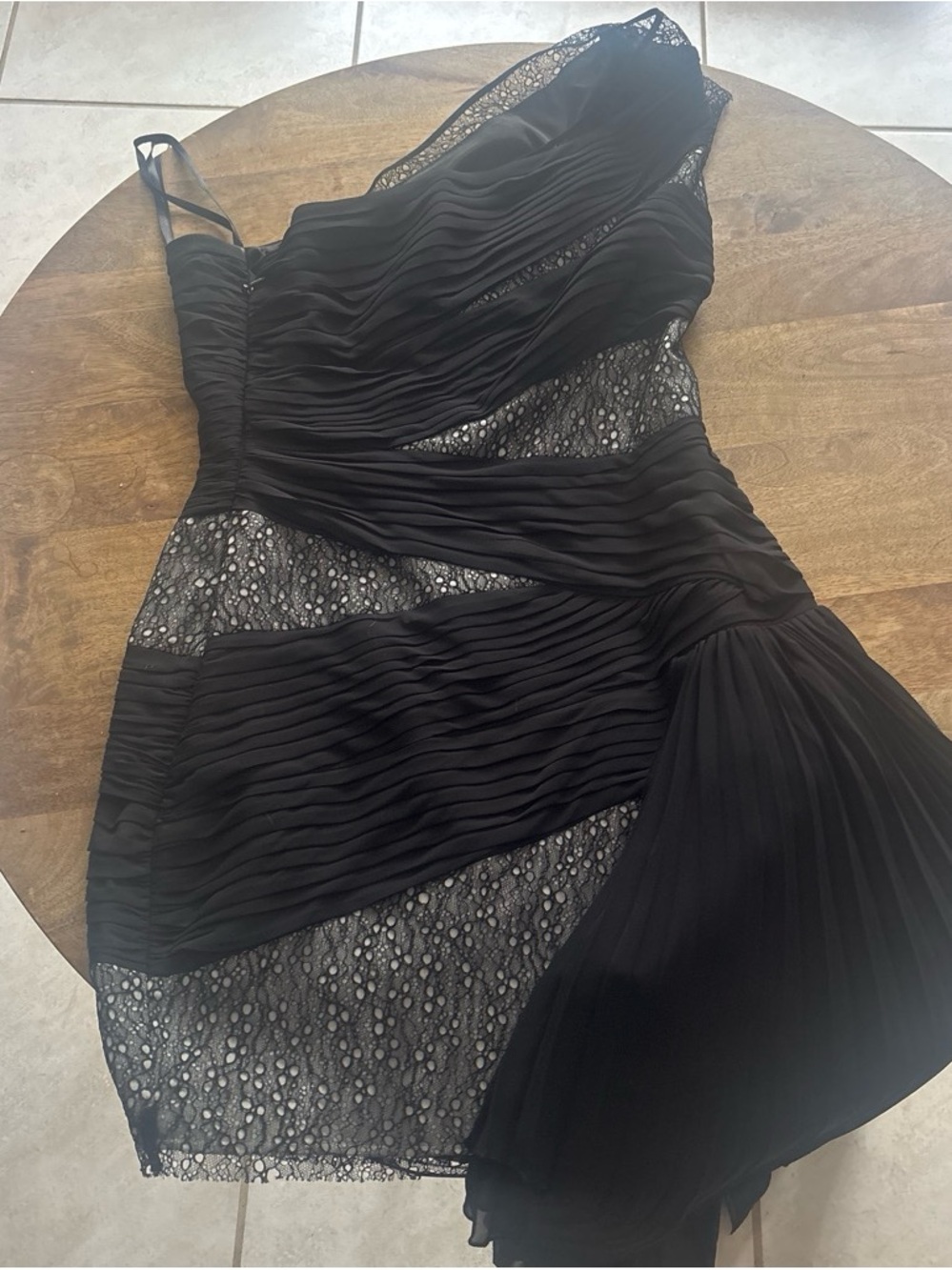 BCBGMaxAzria Black One-Shoulder Lace & Pleated Cocktail Dress
